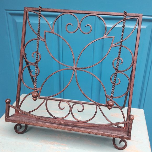Metal Cook Book Display Stand Kickstand Page Holder Chain with Weights Vintage - Picture 1 of 12